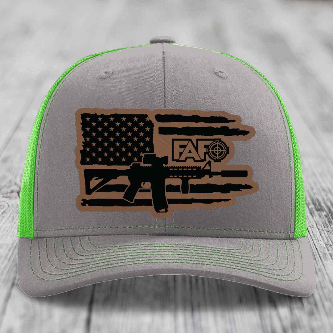 American Flag with AR15 FAFO - Leather Patch Hat - Dark Brown to Black Patch - Richardson 112 Snapback Trucker Hat