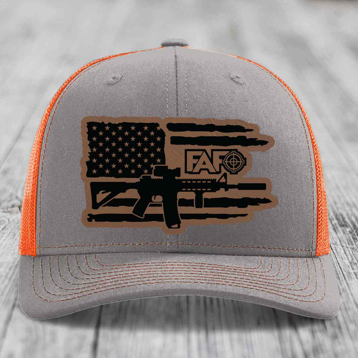 American Flag with AR15 FAFO - Leather Patch Hat - Dark Brown to Black Patch - Richardson 112 Snapback Trucker Hat