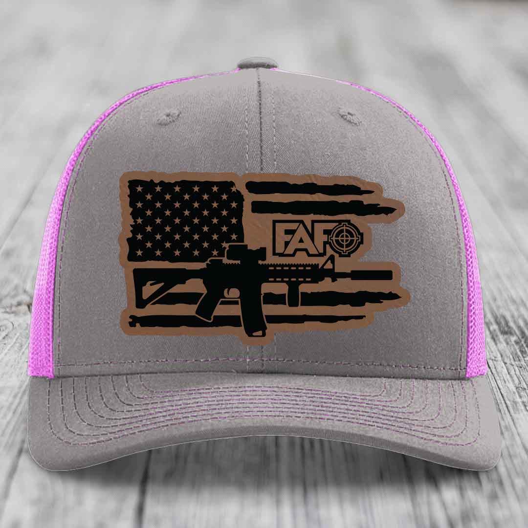 American Flag with AR15 FAFO - Leather Patch Hat - Dark Brown to Black Patch - Richardson 112 Snapback Trucker Hat