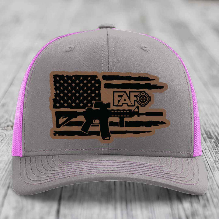 American Flag with AR15 FAFO - Leather Patch Hat - Dark Brown to Black Patch - Richardson 112 Snapback Trucker Hat
