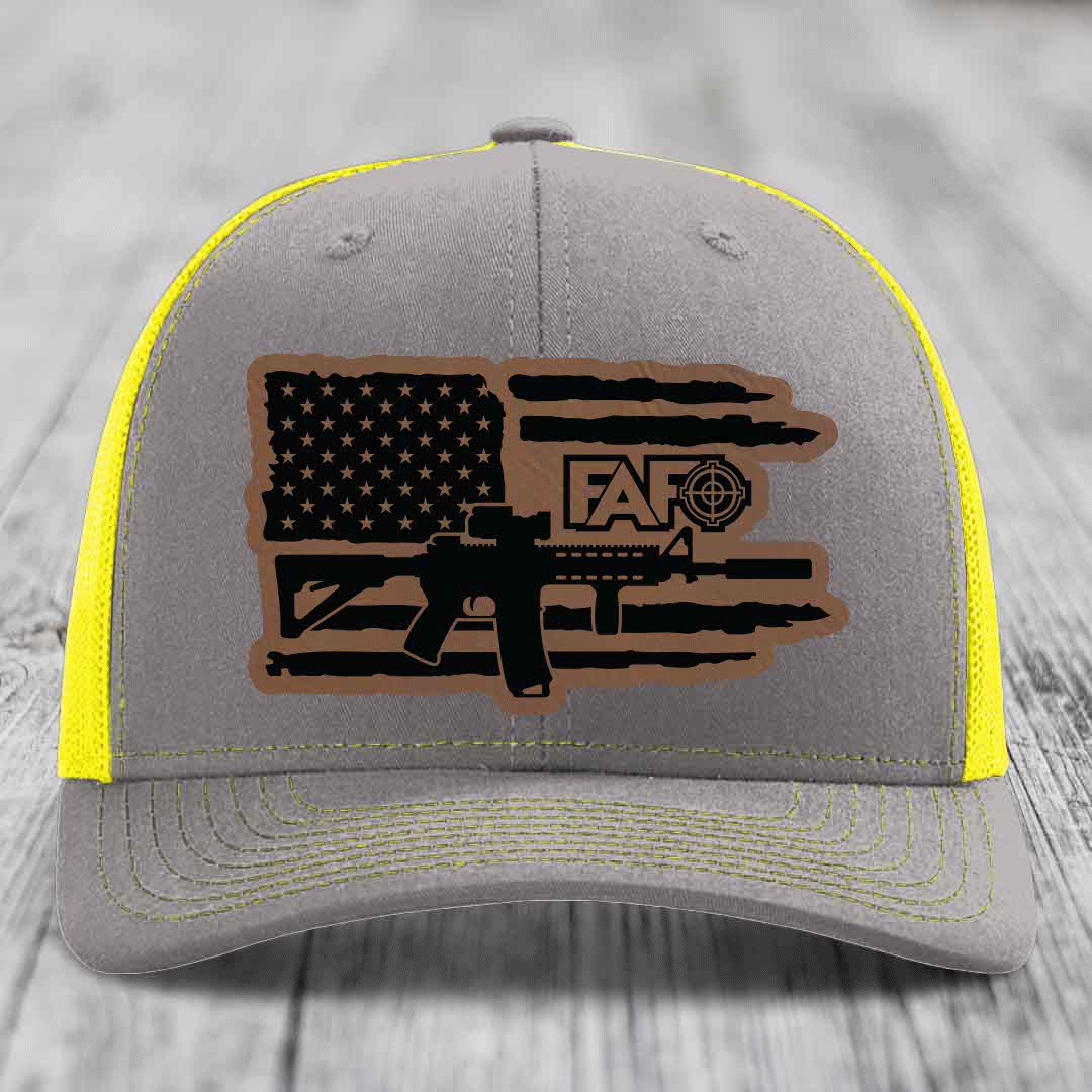 American Flag with AR15 FAFO - Leather Patch Hat - Dark Brown to Black Patch - Richardson 112 Snapback Trucker Hat