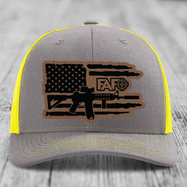 American Flag with AR15 FAFO - Leather Patch Hat - Dark Brown to Black Patch - Richardson 112 Snapback Trucker Hat