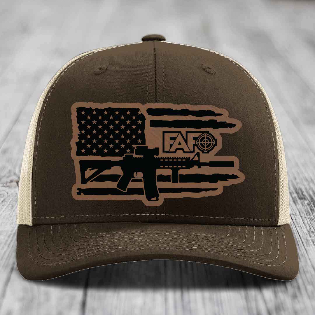 American Flag with AR15 FAFO - Leather Patch Hat - Dark Brown to Black Patch - Richardson 112 Snapback Trucker Hat