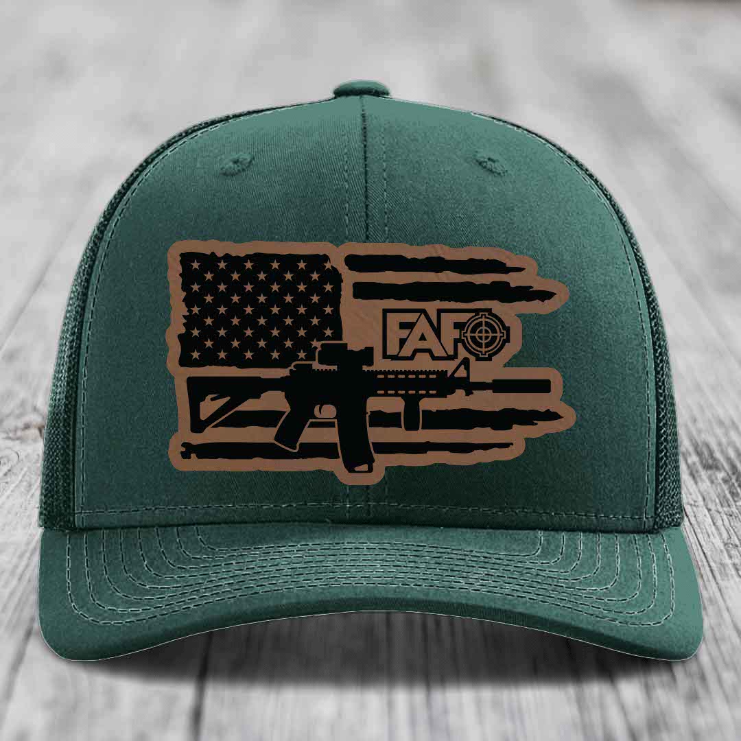 American Flag with AR15 FAFO - Leather Patch Hat - Dark Brown to Black Patch - Richardson 112 Snapback Trucker Hat