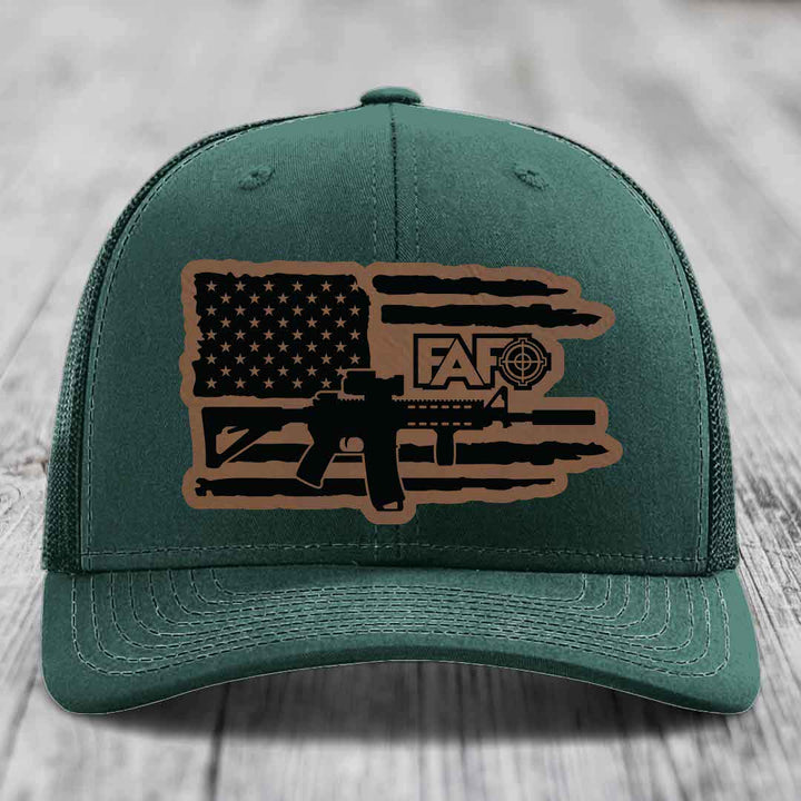 American Flag with AR15 FAFO - Leather Patch Hat - Dark Brown to Black Patch - Richardson 112 Snapback Trucker Hat