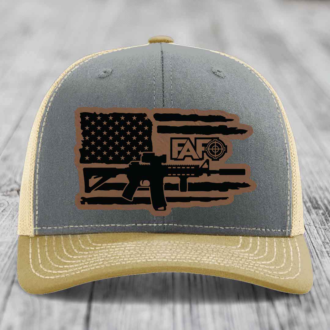 American Flag with AR15 FAFO - Leather Patch Hat - Dark Brown to Black Patch - Richardson 112 Snapback Trucker Hat