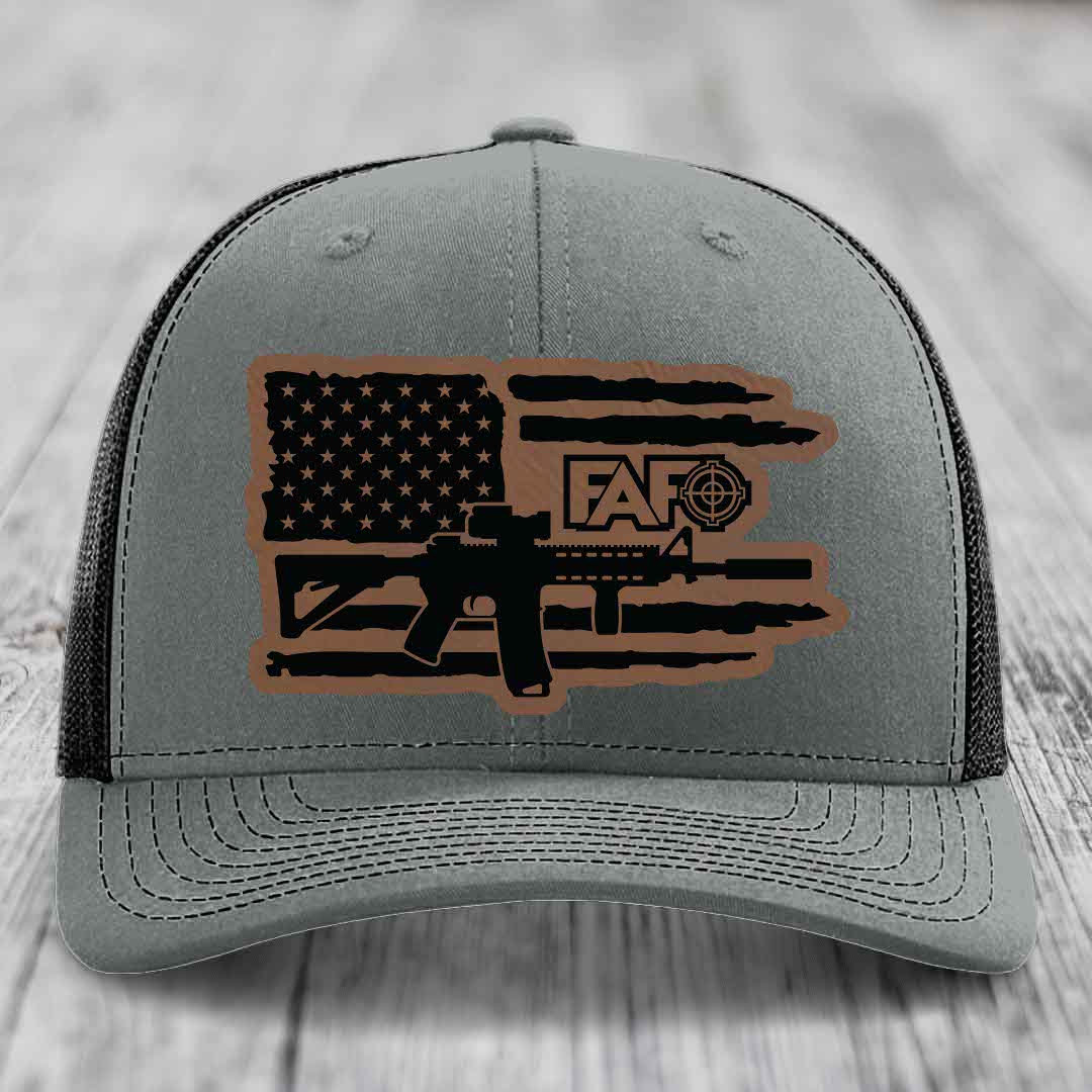 American Flag with AR15 FAFO - Leather Patch Hat - Dark Brown to Black Patch - Richardson 112 Snapback Trucker Hat