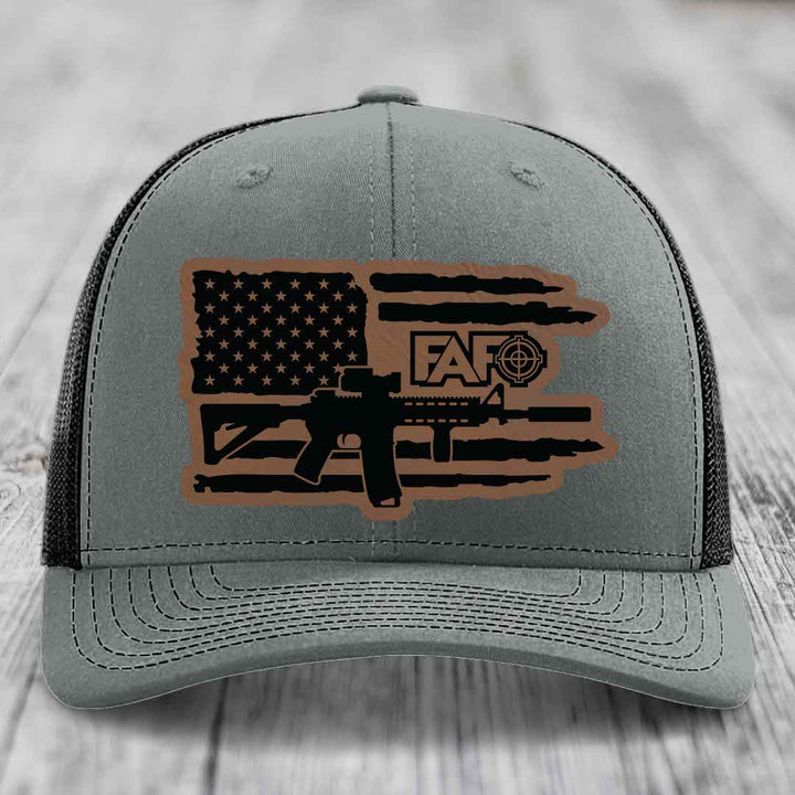 American Flag with AR15 FAFO - Leather Patch Hat - Dark Brown to Black Patch - Richardson 112 Snapback Trucker Hat