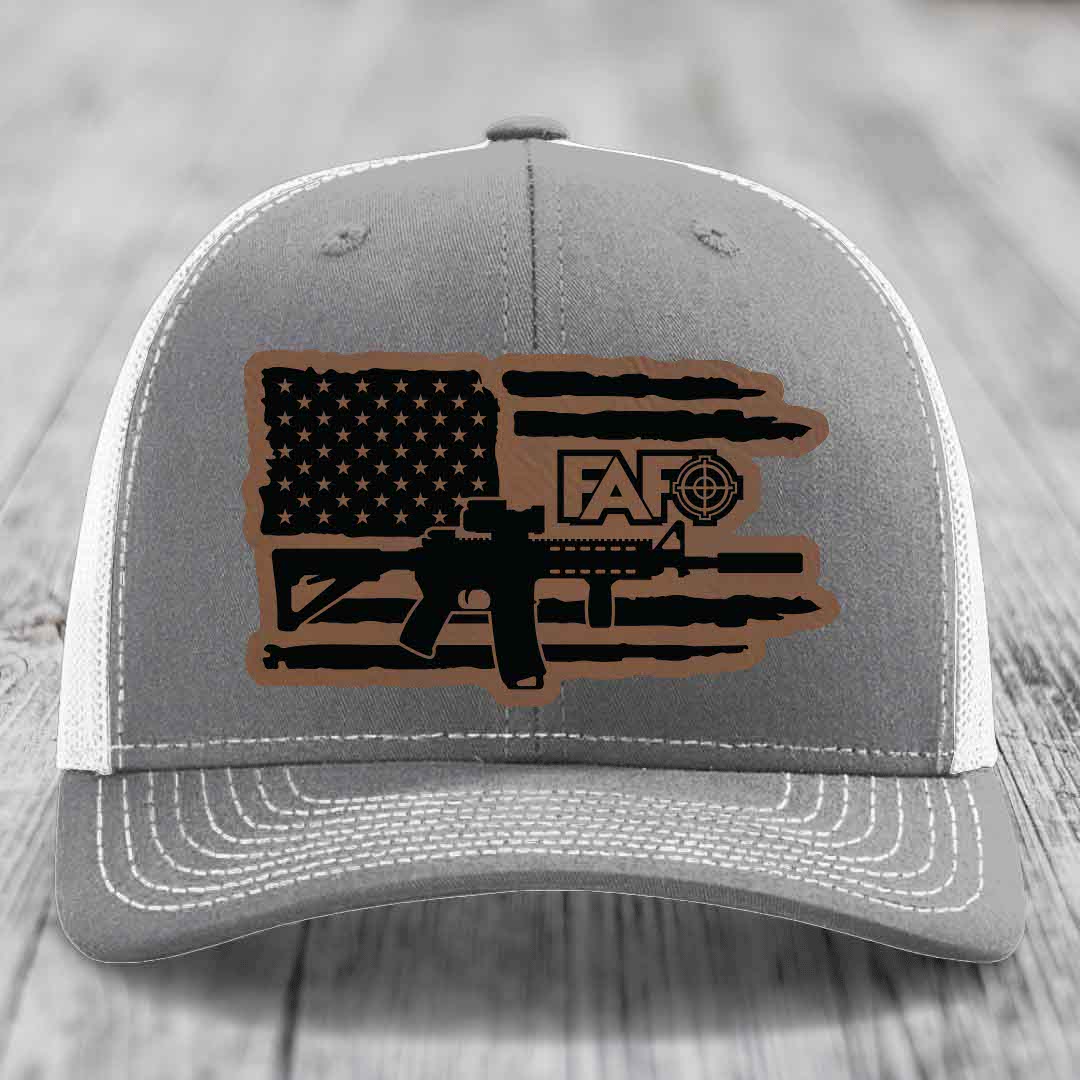 American Flag with AR15 FAFO - Leather Patch Hat - Dark Brown to Black Patch - Richardson 112 Snapback Trucker Hat