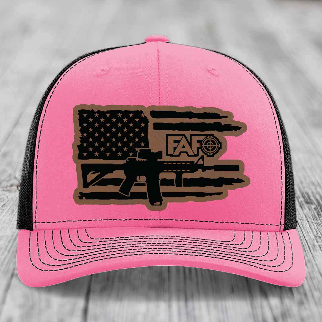 American Flag with AR15 FAFO - Leather Patch Hat - Dark Brown to Black Patch - Richardson 112 Snapback Trucker Hat