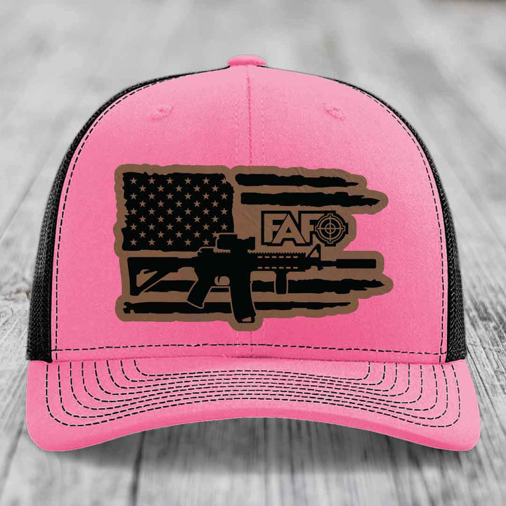American Flag with AR15 FAFO - Leather Patch Hat - Dark Brown to Black Patch - Richardson 112 Snapback Trucker Hat
