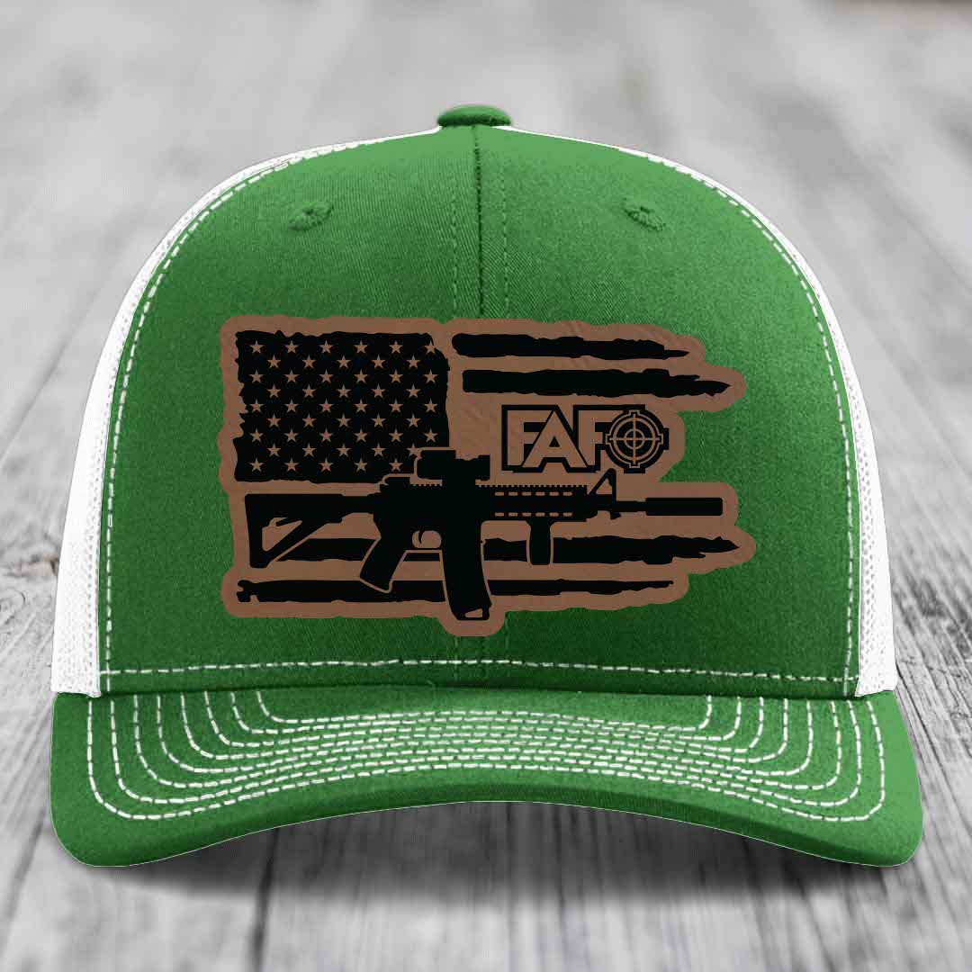 American Flag with AR15 FAFO - Leather Patch Hat - Dark Brown to Black Patch - Richardson 112 Snapback Trucker Hat