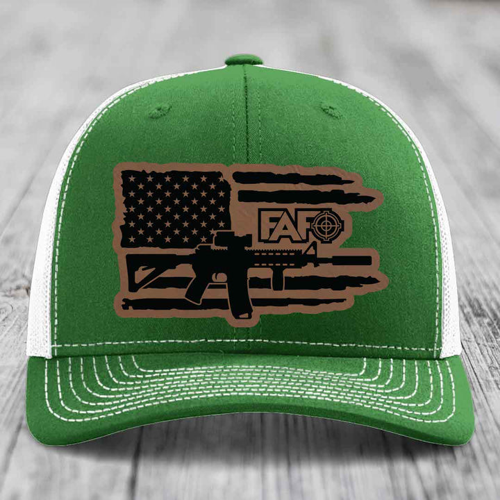 American Flag with AR15 FAFO - Leather Patch Hat - Dark Brown to Black Patch - Richardson 112 Snapback Trucker Hat
