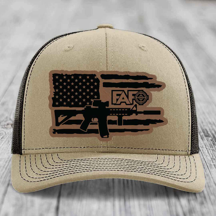 American Flag with AR15 FAFO - Leather Patch Hat - Dark Brown to Black Patch - Richardson 112 Snapback Trucker Hat