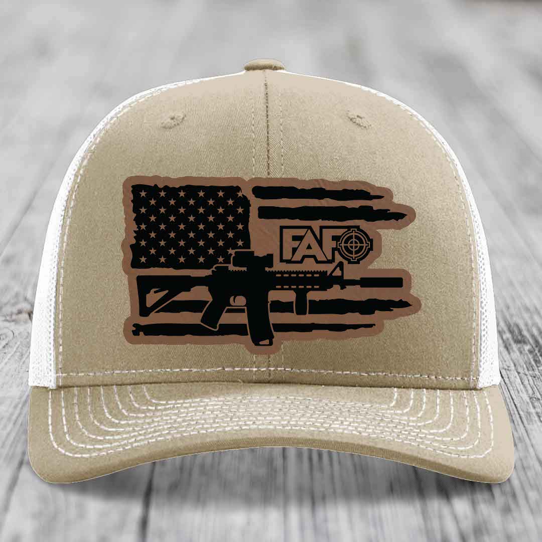 American Flag with AR15 FAFO - Leather Patch Hat - Dark Brown to Black Patch - Richardson 112 Snapback Trucker Hat