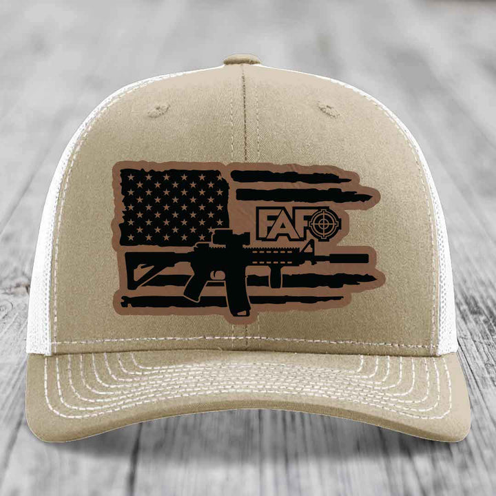 American Flag with AR15 FAFO - Leather Patch Hat - Dark Brown to Black Patch - Richardson 112 Snapback Trucker Hat