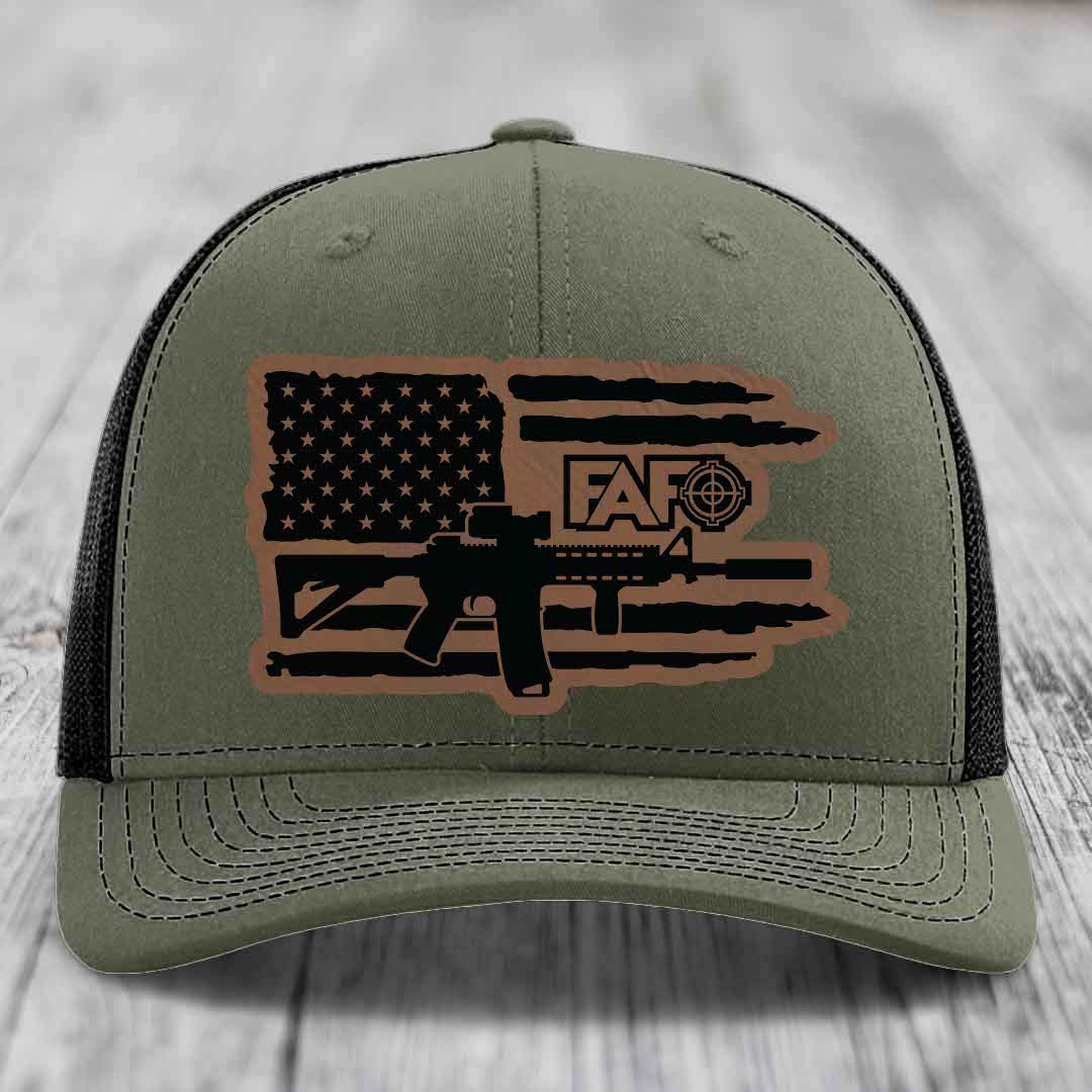 American Flag with AR15 FAFO - Leather Patch Hat - Dark Brown to Black Patch - Richardson 112 Snapback Trucker Hat