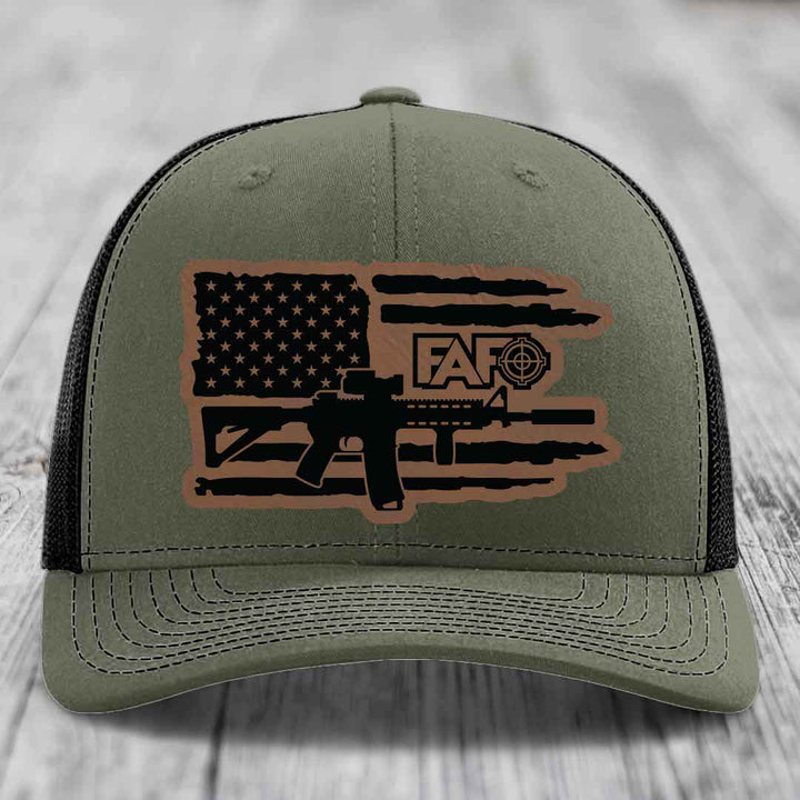 American Flag with AR15 FAFO - Leather Patch Hat - Dark Brown to Black Patch - Richardson 112 Snapback Trucker Hat