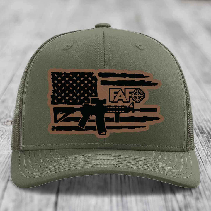 American Flag with AR15 FAFO - Leather Patch Hat - Dark Brown to Black Patch - Richardson 112 Snapback Trucker Hat
