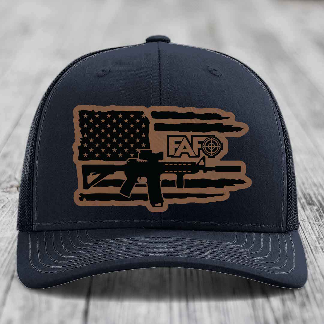 American Flag with AR15 FAFO - Leather Patch Hat - Dark Brown to Black Patch - Richardson 112 Snapback Trucker Hat
