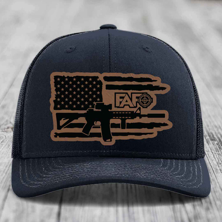American Flag with AR15 FAFO - Leather Patch Hat - Dark Brown to Black Patch - Richardson 112 Snapback Trucker Hat