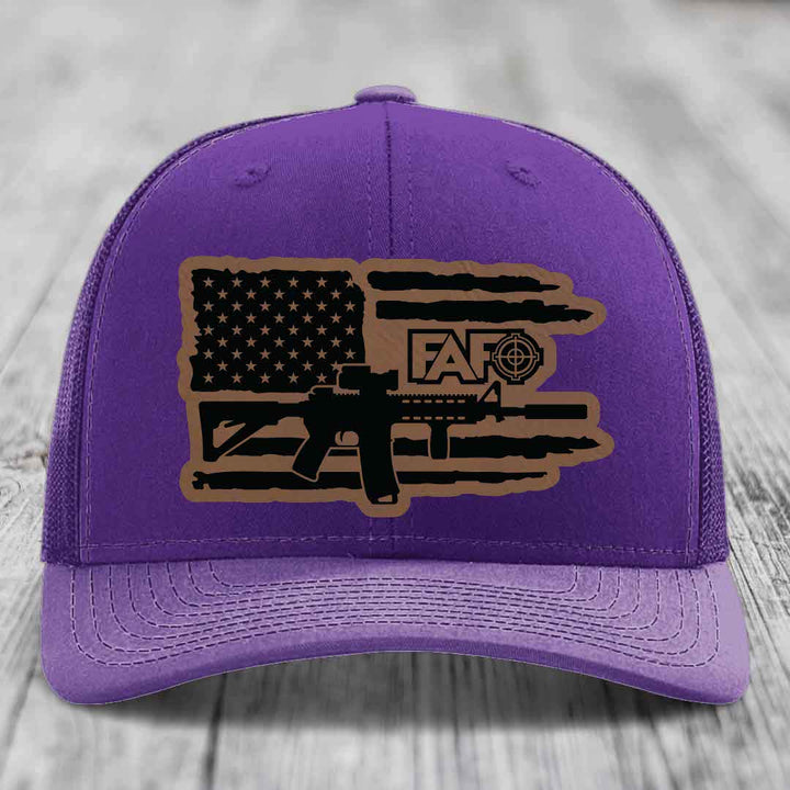 American Flag with AR15 FAFO - Leather Patch Hat - Dark Brown to Black Patch - Richardson 112 Snapback Trucker Hat