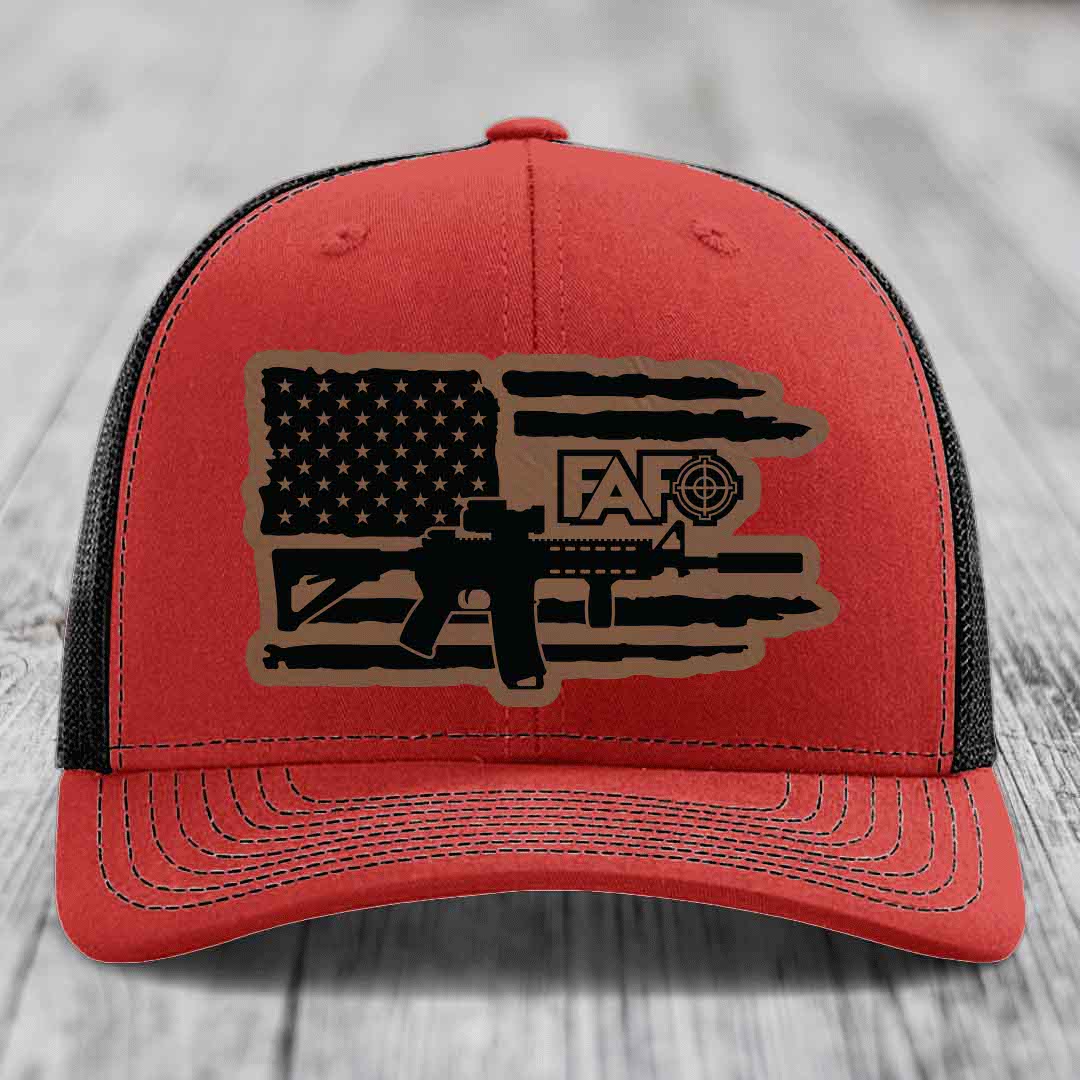 American Flag with AR15 FAFO - Leather Patch Hat - Dark Brown to Black Patch - Richardson 112 Snapback Trucker Hat