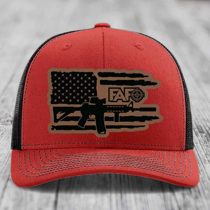 American Flag with AR15 FAFO - Leather Patch Hat - Dark Brown to Black Patch - Richardson 112 Snapback Trucker Hat