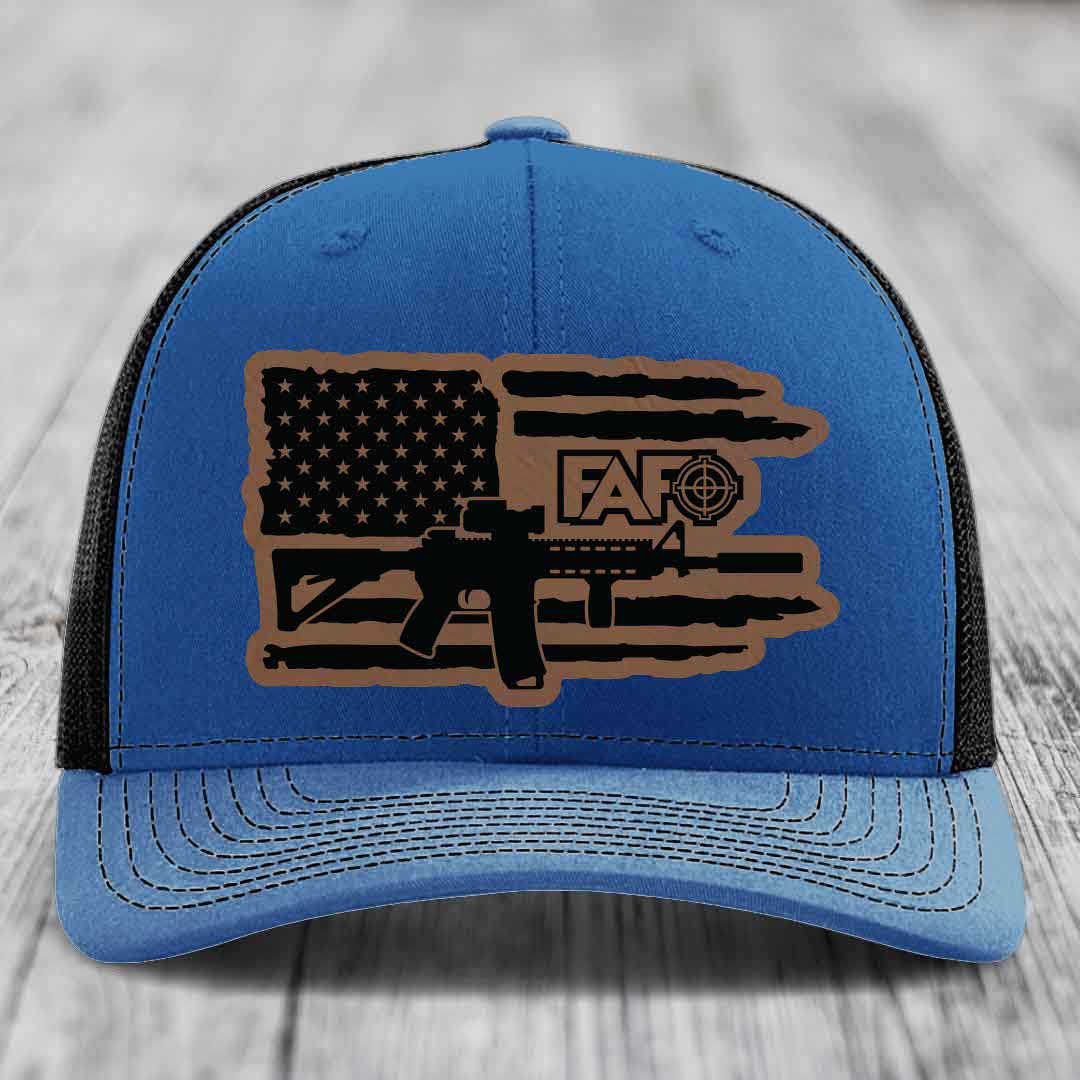 American Flag with AR15 FAFO - Leather Patch Hat - Dark Brown to Black Patch - Richardson 112 Snapback Trucker Hat
