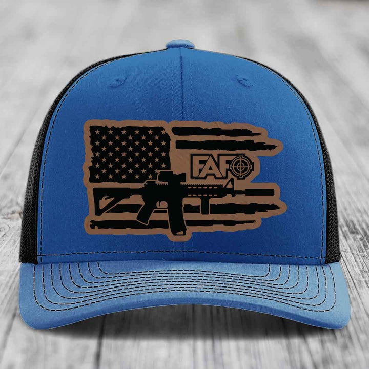 American Flag with AR15 FAFO - Leather Patch Hat - Dark Brown to Black Patch - Richardson 112 Snapback Trucker Hat