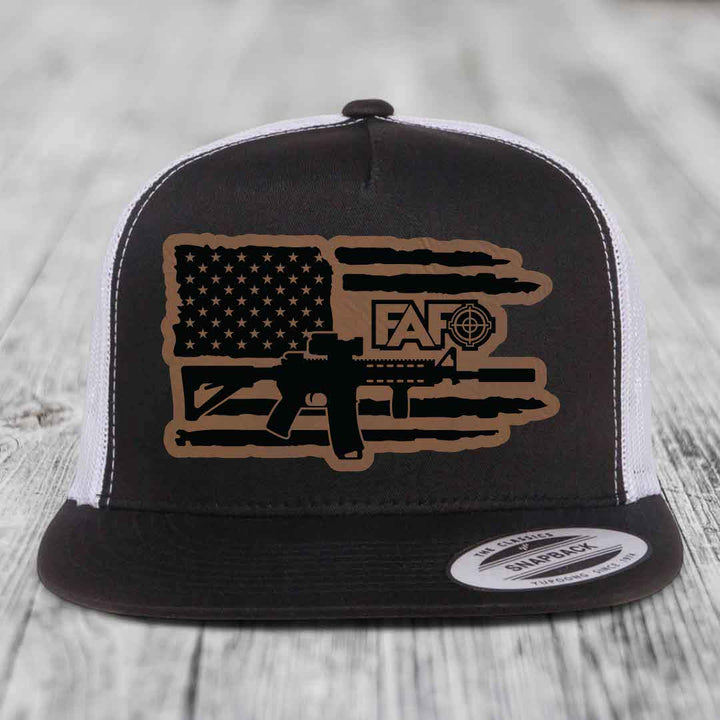 American Flag with AR15 FAFO - Leather Patch Hat - Dark Brown to Black Patch - Yupoong 6006 Snapback Flatbill Hat