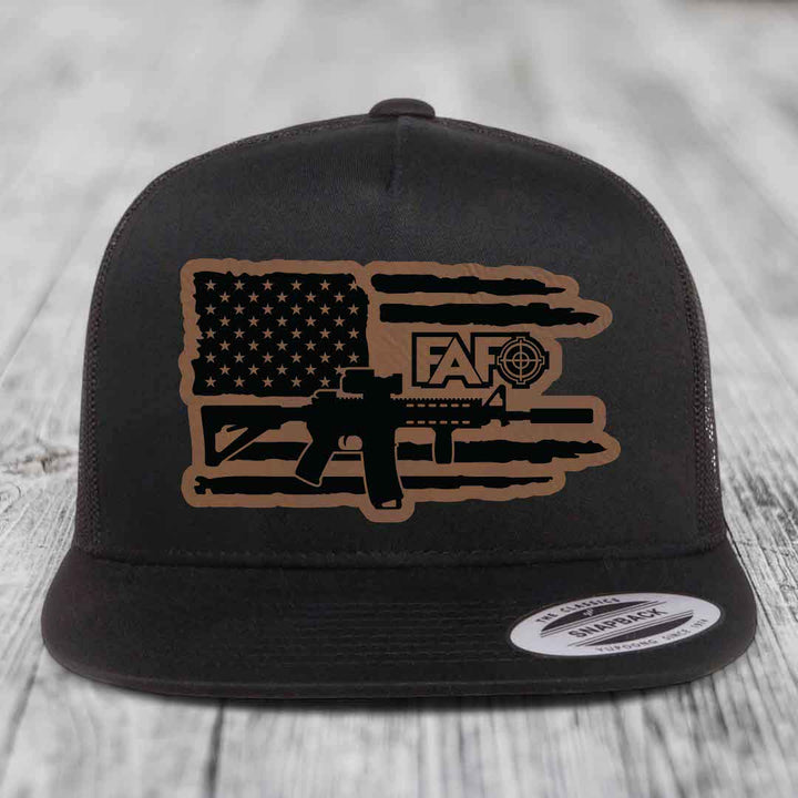 American Flag with AR15 FAFO - Leather Patch Hat - Dark Brown to Black Patch - Yupoong 6006 Snapback Flatbill Hat