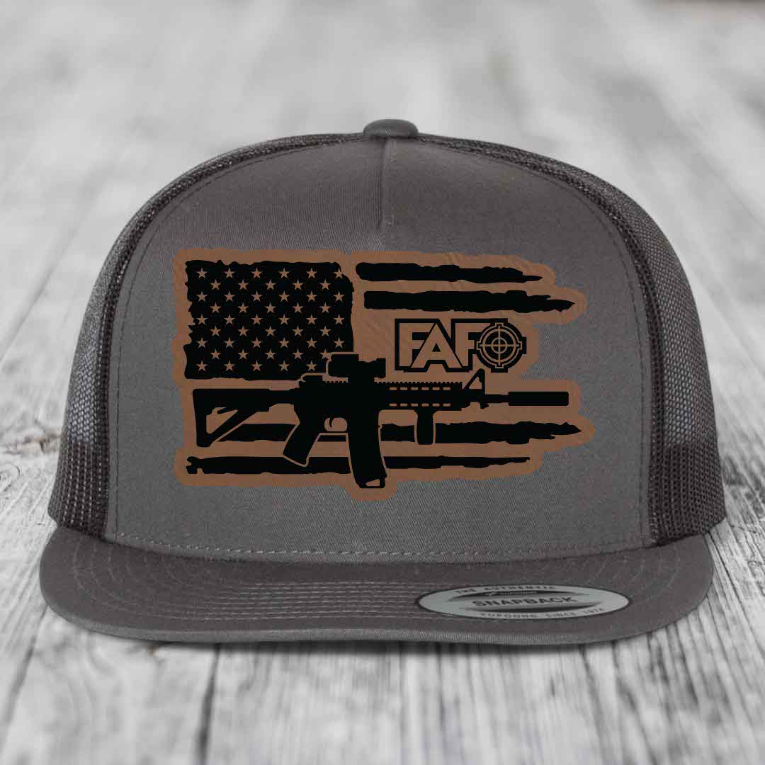 American Flag with AR15 FAFO - Leather Patch Hat - Dark Brown to Black Patch - Yupoong 6006 Snapback Flatbill Hat