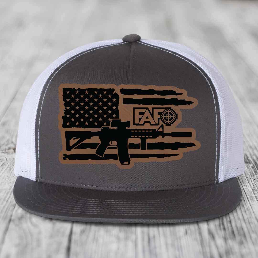 American Flag with AR15 FAFO - Leather Patch Hat - Dark Brown to Black Patch - Yupoong 6006 Snapback Flatbill Hat