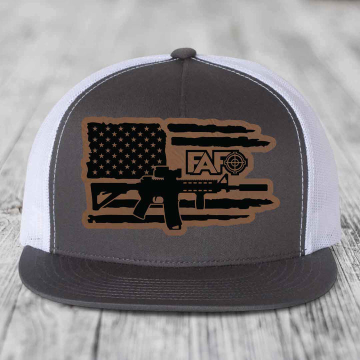 American Flag with AR15 FAFO - Leather Patch Hat - Dark Brown to Black Patch - Yupoong 6006 Snapback Flatbill Hat