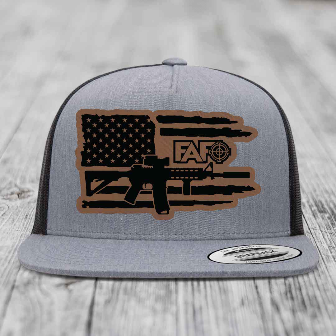 American Flag with AR15 FAFO - Leather Patch Hat - Dark Brown to Black Patch - Yupoong 6006 Snapback Flatbill Hat