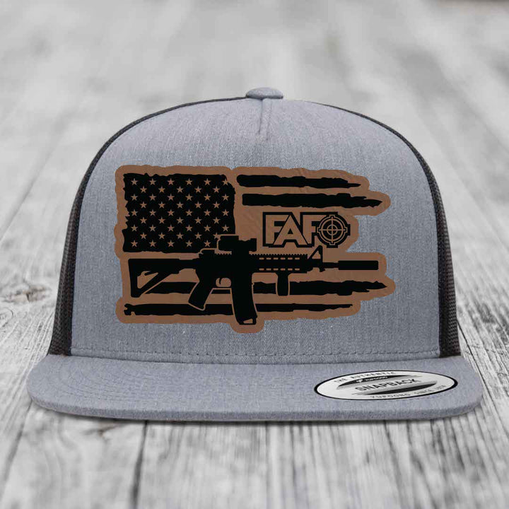 American Flag with AR15 FAFO - Leather Patch Hat - Dark Brown to Black Patch - Yupoong 6006 Snapback Flatbill Hat