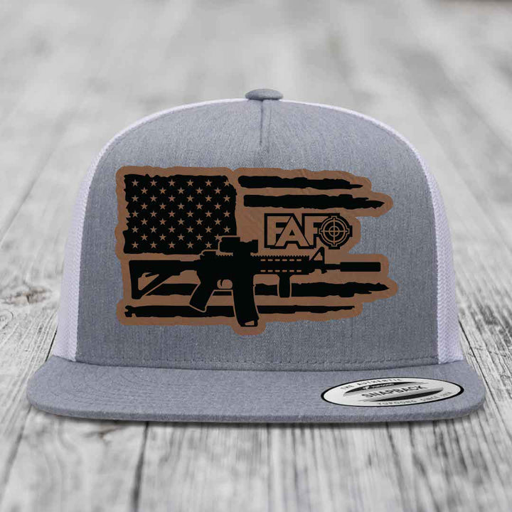 American Flag with AR15 FAFO - Leather Patch Hat - Dark Brown to Black Patch - Yupoong 6006 Snapback Flatbill Hat