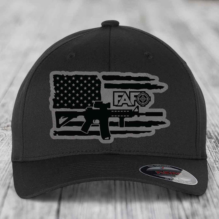 American Flag with AR15 FAFO - Leather Patch Hat - Grey to Black Patch - Flexfit 6277 Fitted Hat