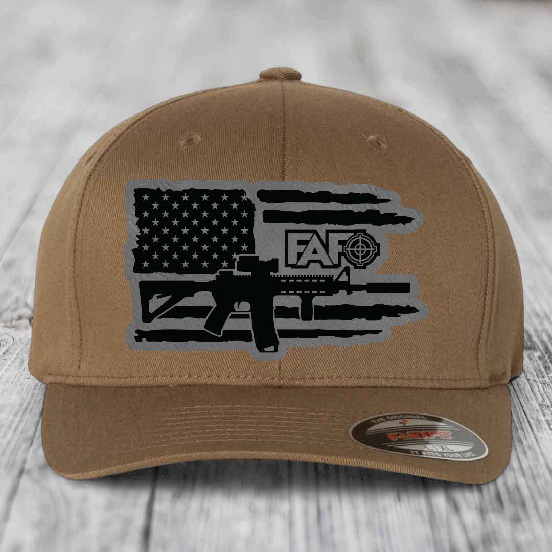 American Flag with AR15 FAFO - Leather Patch Hat - Grey to Black Patch - Flexfit 6277 Fitted Hat