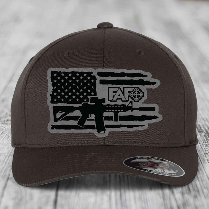 American Flag with AR15 FAFO - Leather Patch Hat - Grey to Black Patch - Flexfit 6277 Fitted Hat