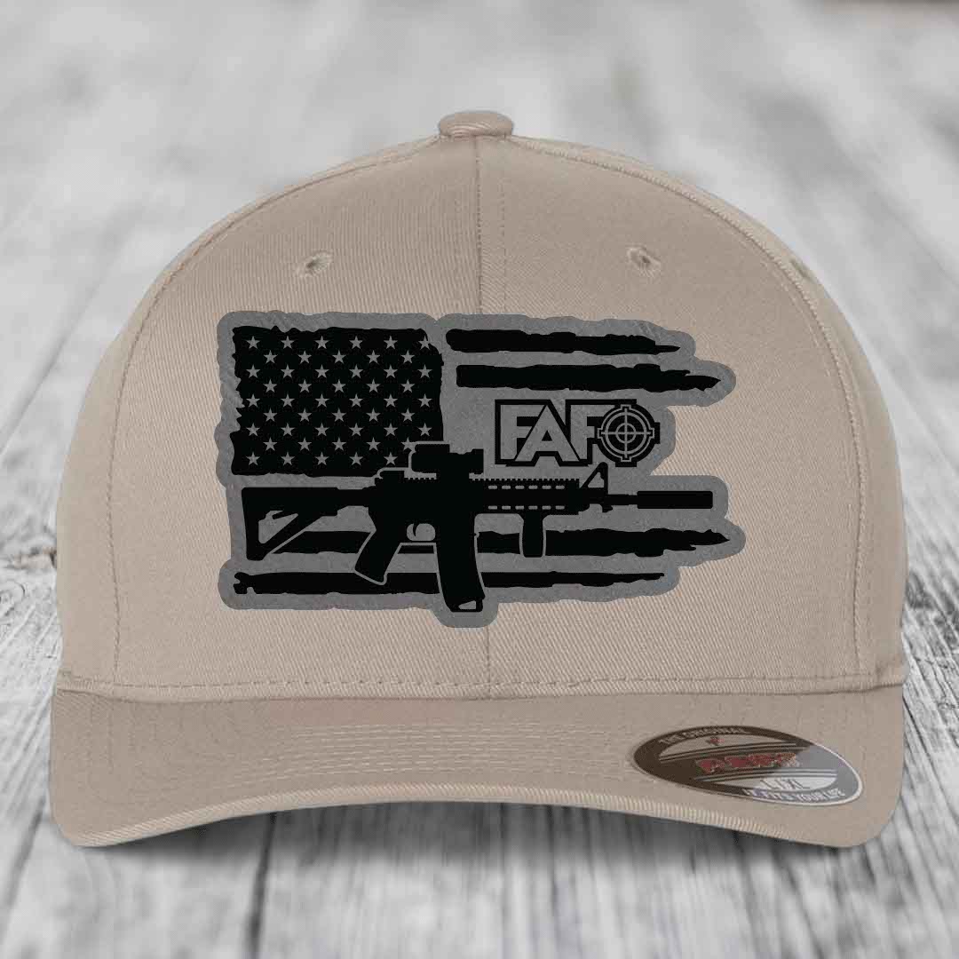 American Flag with AR15 FAFO - Leather Patch Hat - Grey to Black Patch - Flexfit 6277 Fitted Hat