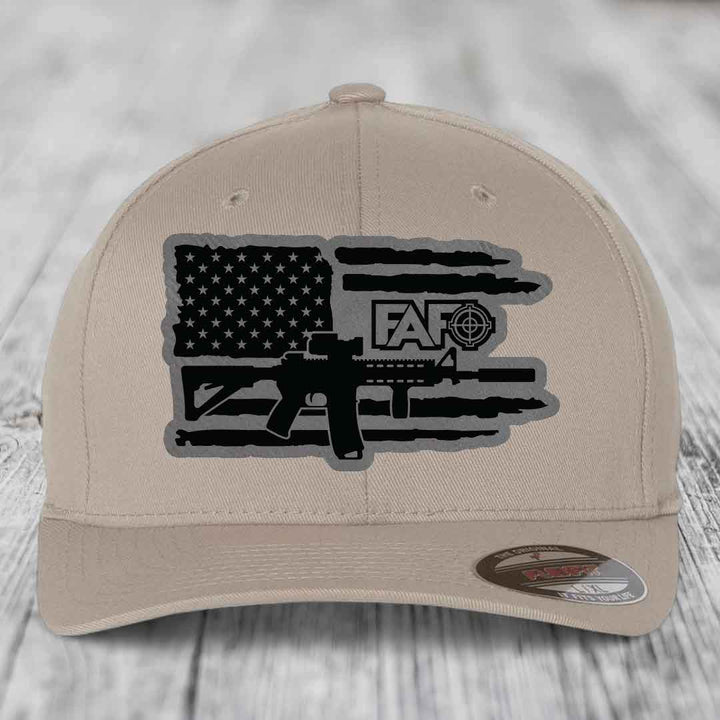 American Flag with AR15 FAFO - Leather Patch Hat - Grey to Black Patch - Flexfit 6277 Fitted Hat