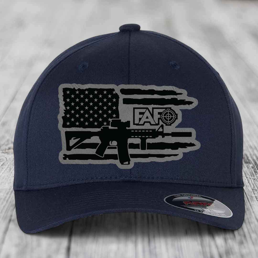 American Flag with AR15 FAFO - Leather Patch Hat - Grey to Black Patch - Flexfit 6277 Fitted Hat