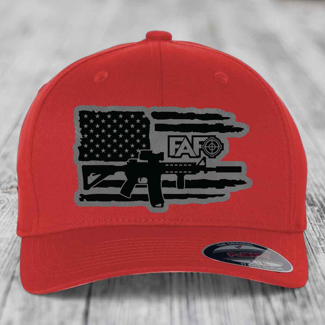 American Flag with AR15 FAFO - Leather Patch Hat - Grey to Black Patch - Flexfit 6277 Fitted Hat