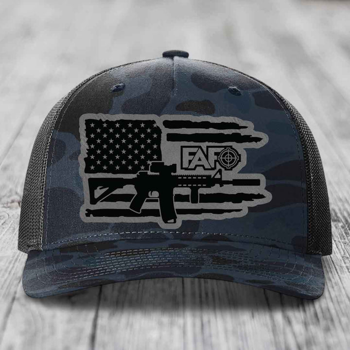 American Flag with AR15 FAFO - Leather Patch Hat - Grey to Black Patch - Richardson 112PFP Snapback Trucker Hat