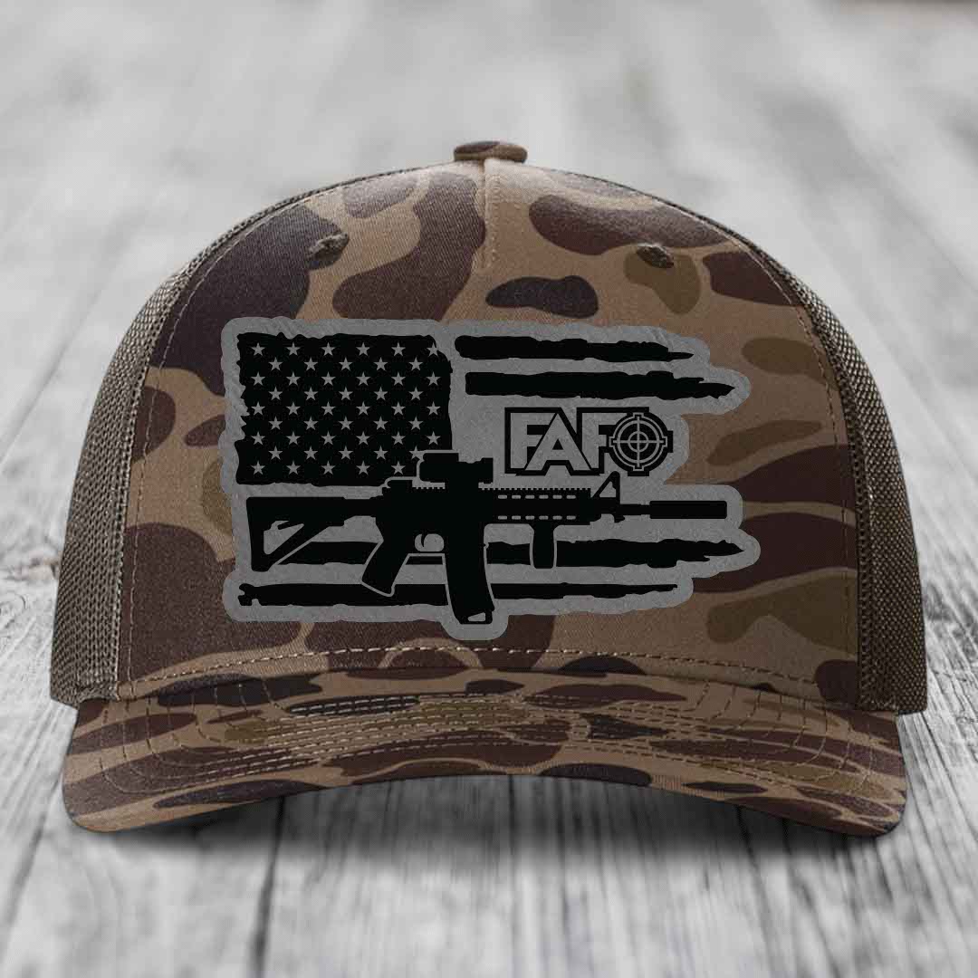 American Flag with AR15 FAFO - Leather Patch Hat - Grey to Black Patch - Richardson 112PFP Snapback Trucker Hat