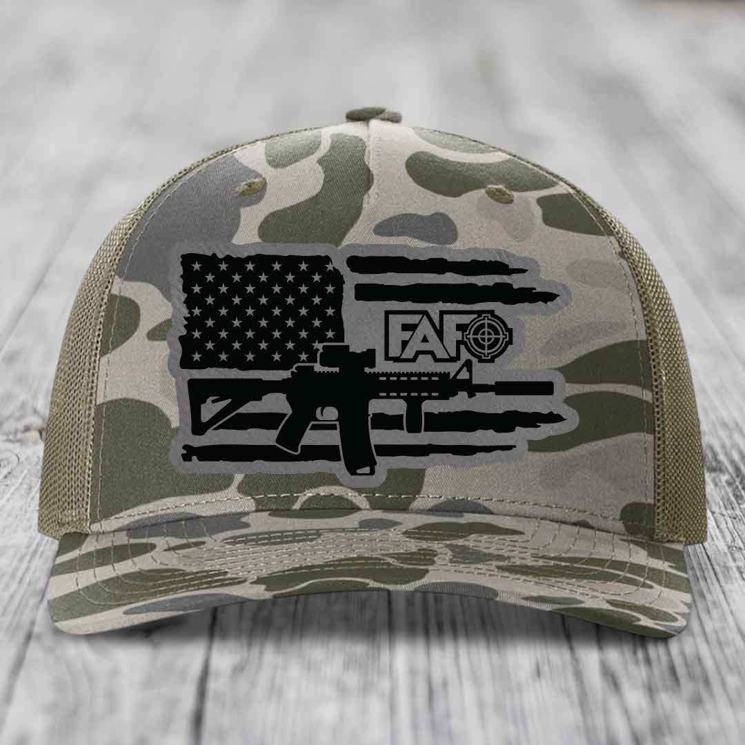 American Flag with AR15 FAFO - Leather Patch Hat - Grey to Black Patch - Richardson 112PFP Snapback Trucker Hat