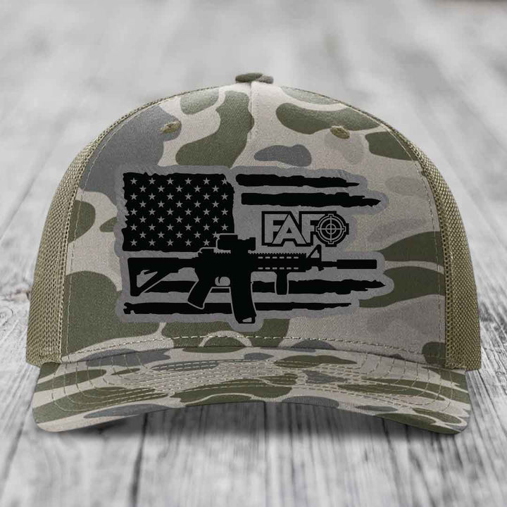 American Flag with AR15 FAFO - Leather Patch Hat - Grey to Black Patch - Richardson 112PFP Snapback Trucker Hat