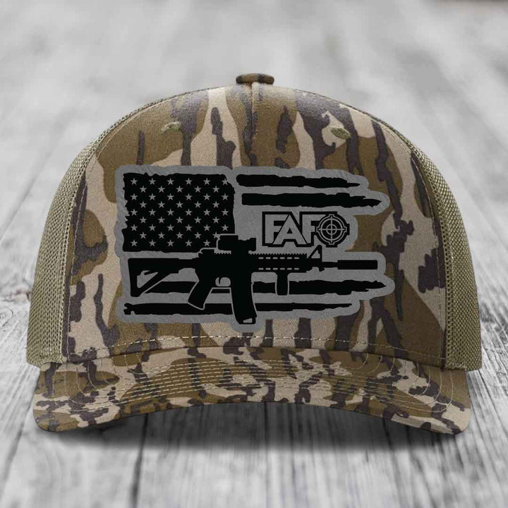 American Flag with AR15 FAFO - Leather Patch Hat - Grey to Black Patch - Richardson 112PFP Snapback Trucker Hat
